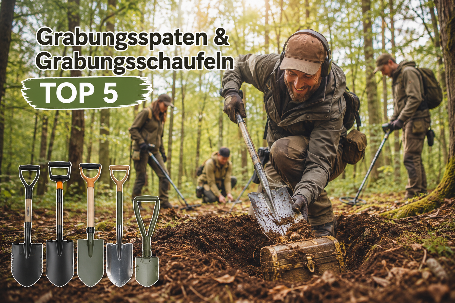 Schatzsucher mit Grabungsspaten und Grabungsschaufeln bei der Schatzsuche im Wald