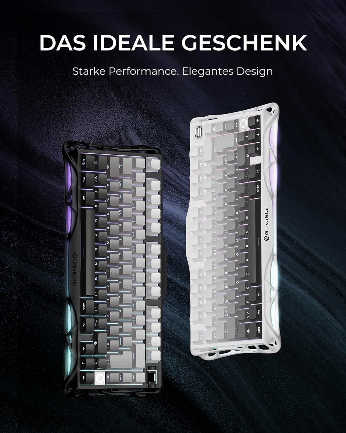 GravaStar Mercury K1 mechanische Gaming Tastatur mit RGB Beleuchtung und futuristischem Design auf Gaming Schreibtisch
