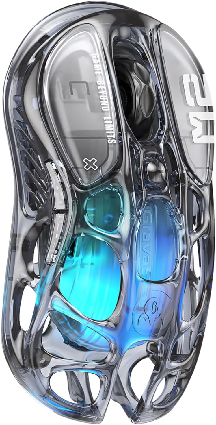 GravaStar Mercury M2 transparente Gaming Maus mit RGB Beleuchtung auf modernem Gaming Setup