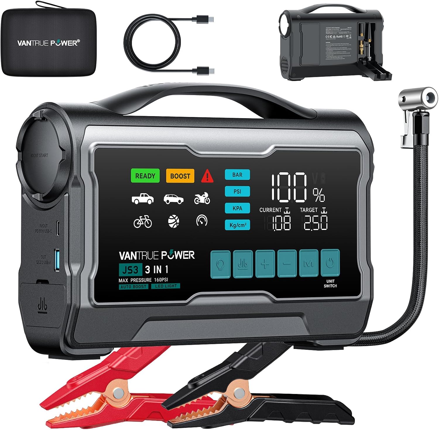 JS3 3250A Jump Starter mit Luftkompressor und großem Display für Auto und Roadtrips