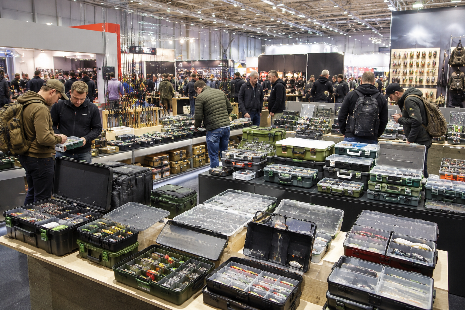 Köderboxen Ausstellung für Angler und Angelzubehör in heller Messehalle Verschiedene Köderboxen und Angelboxen auf einer großen Angelmesse in einer Messehalle