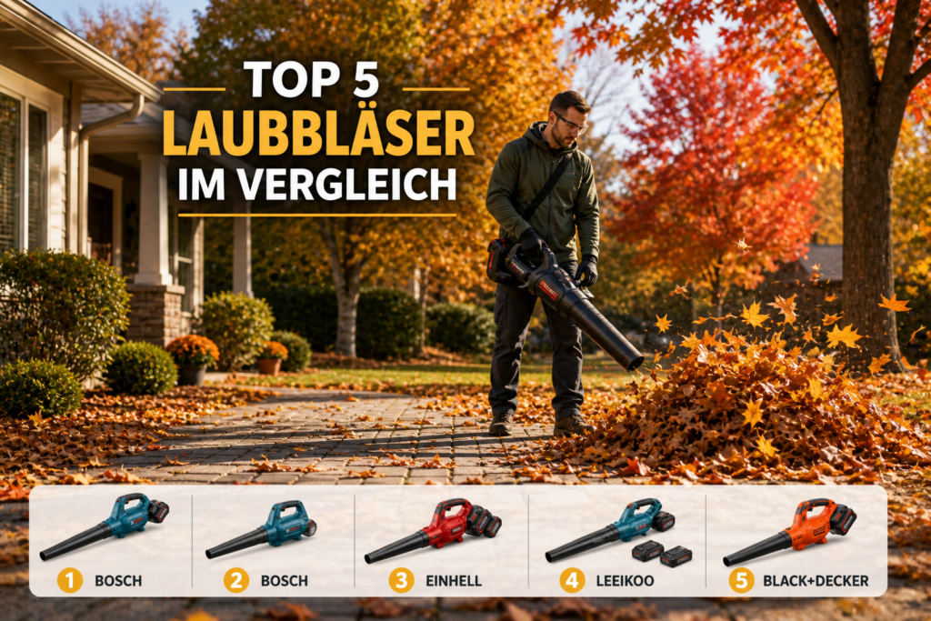 Top 5 Laubbläser 2026 im Vergleich mit Person beim Laub zusammenblasen im Herbst
