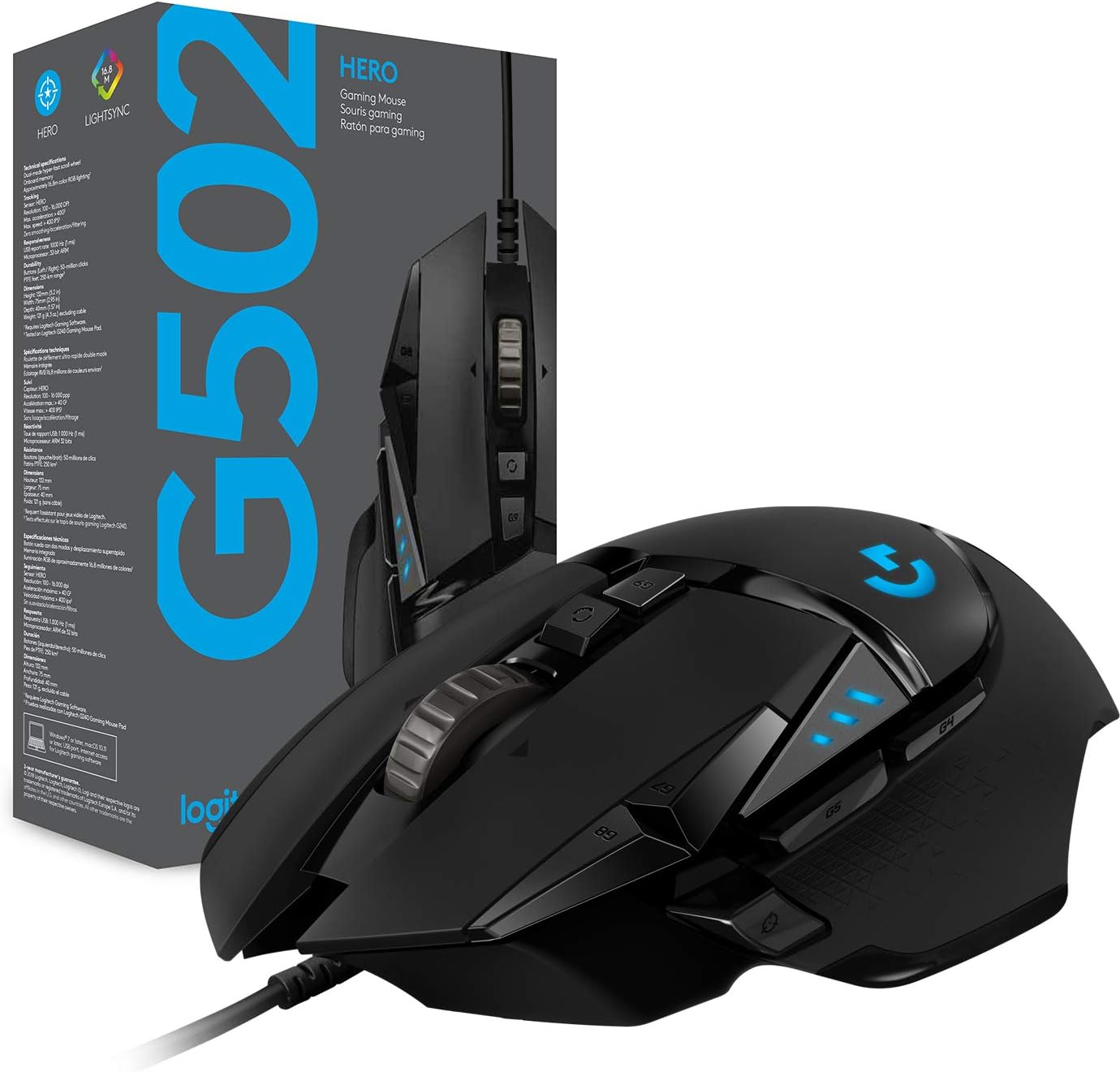 Logitech G502 HERO Gaming Maus mit RGB Beleuchtung und Gewichtstuning auf Gaming Schreibtisch