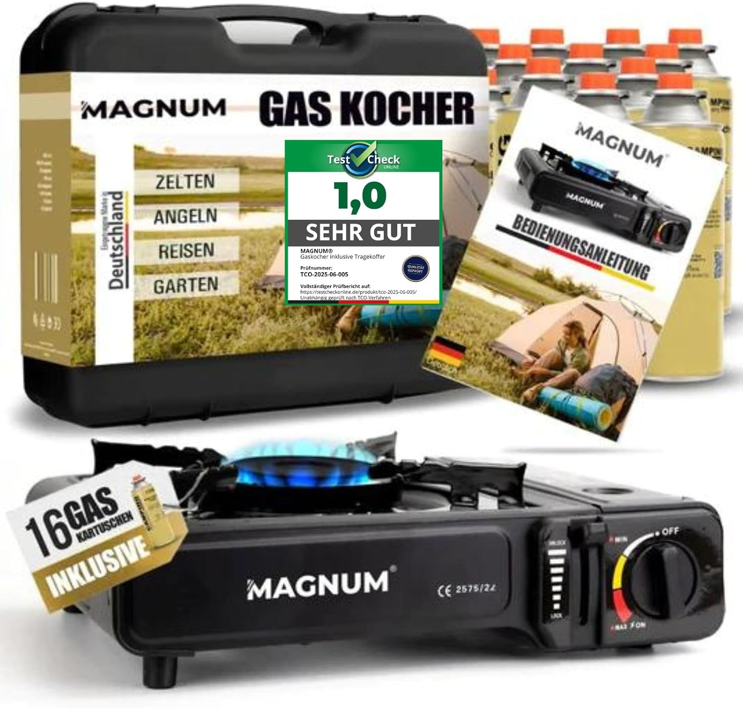 Magnum Campingkocher Set mit 16 Gaskartuschen und Tragekoffer für Camping und Outdoor