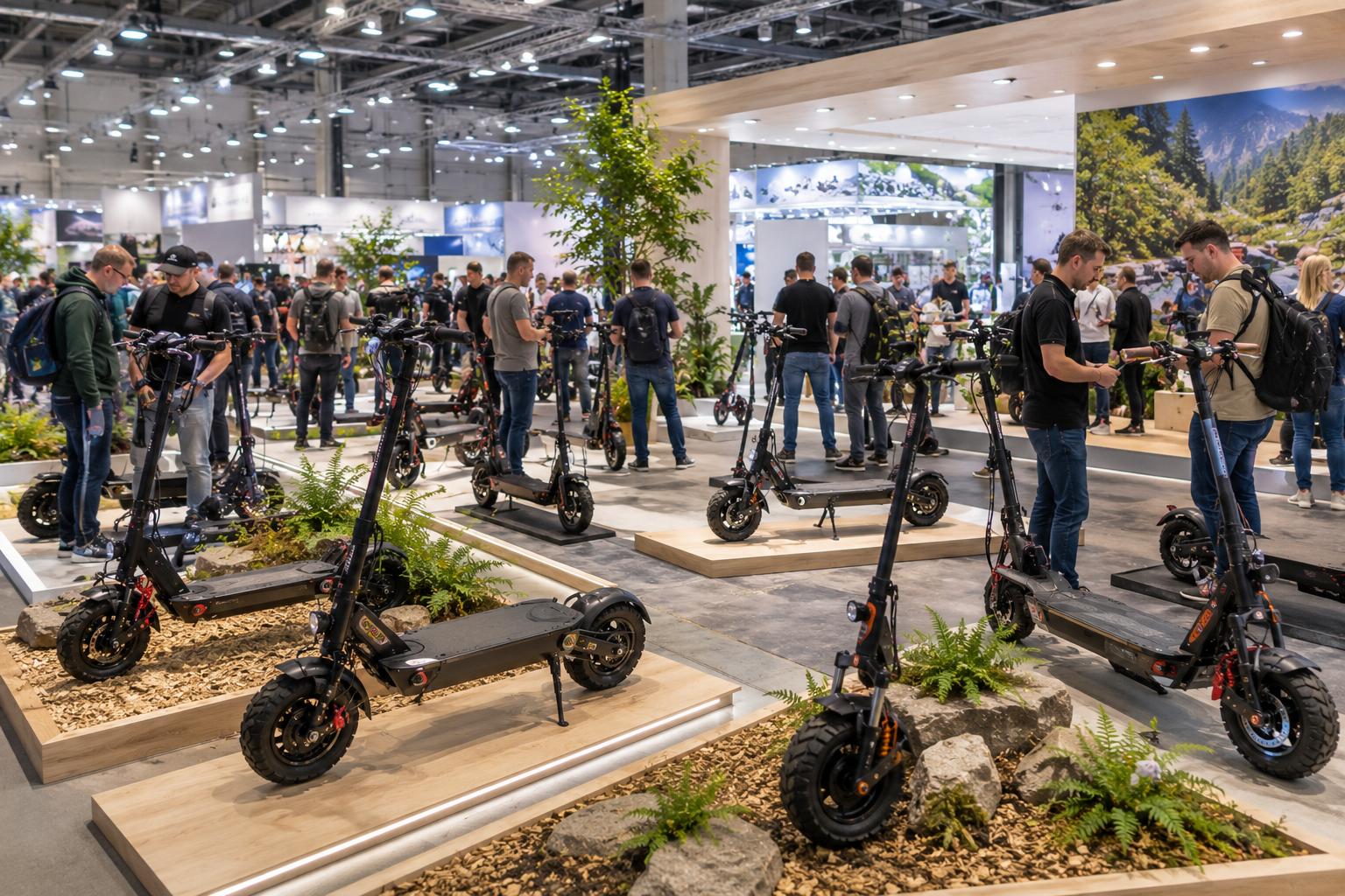 Offroad E-Scooter auf moderner Outdoor Ausstellungsmesse mit Besuchern
