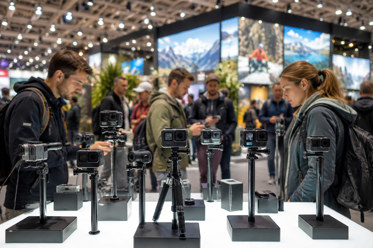 Verschiedene Outdoor Actioncams auf einer großen Ausstellungsmesse mit Besuchern im Hintergrund