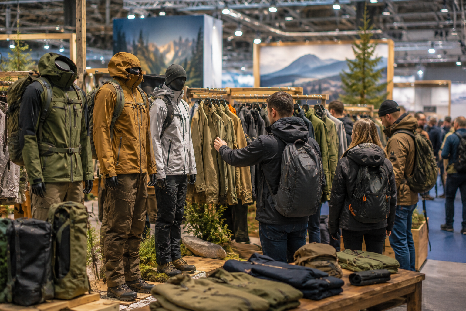 Outdoor Kleidung auf einer Messe mit Besuchern und verschiedenen Jacken für Camping und Outdoor Touren