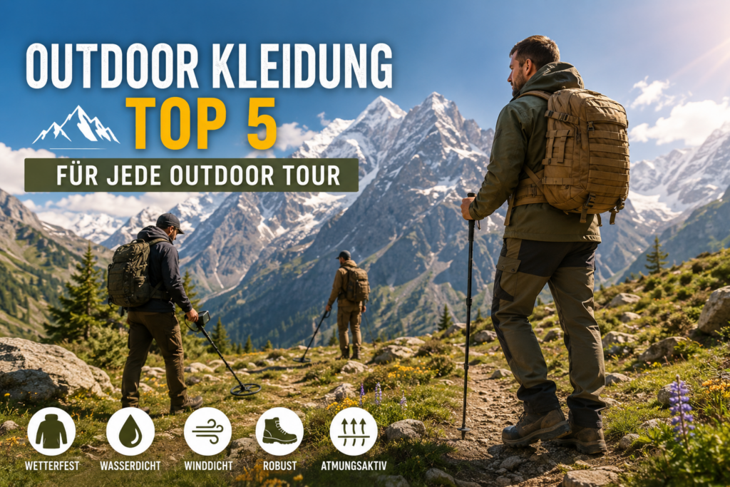 Wanderer und Schatzsucher mit Outdoor Kleidung in den Bergen bei sonnigem Wetter