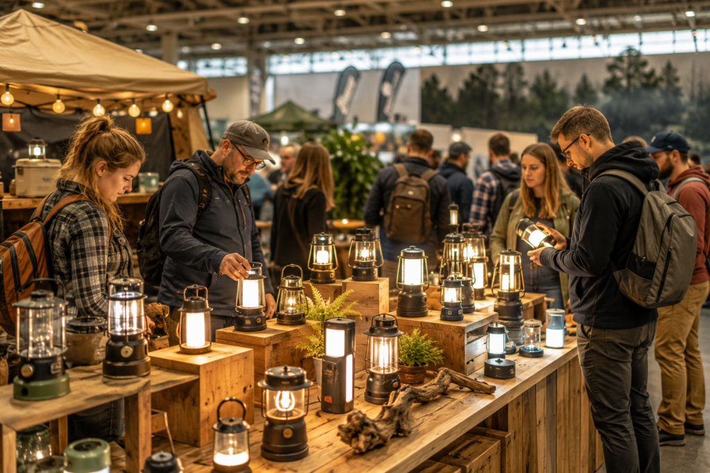 Verschiedene Outdoor Lampen auf einer Camping Messe mit Besuchern im Hintergrund