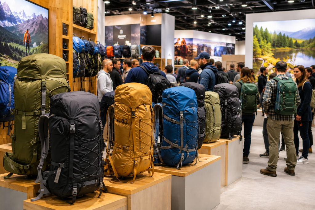 Verschiedene Outdoor Rucksäcke auf einer Camping und Outdoor Messe