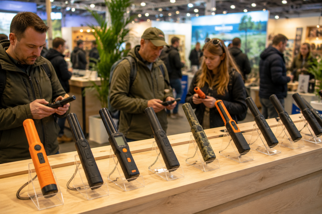 Verschiedene Pinpointer und Schatzsuche Geräte auf einer Outdoor Messe mit Besuchern im Hintergrund