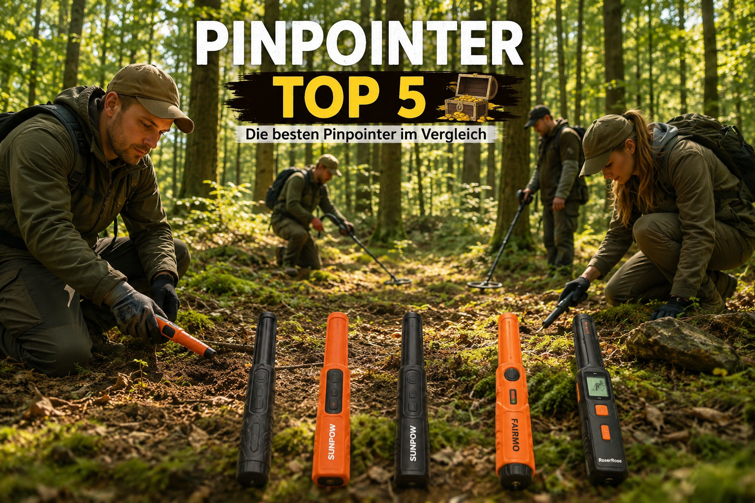 Schatzsucher mit Pinpointer Geräten im Wald bei der Suche nach Münzen und Metallobjekten