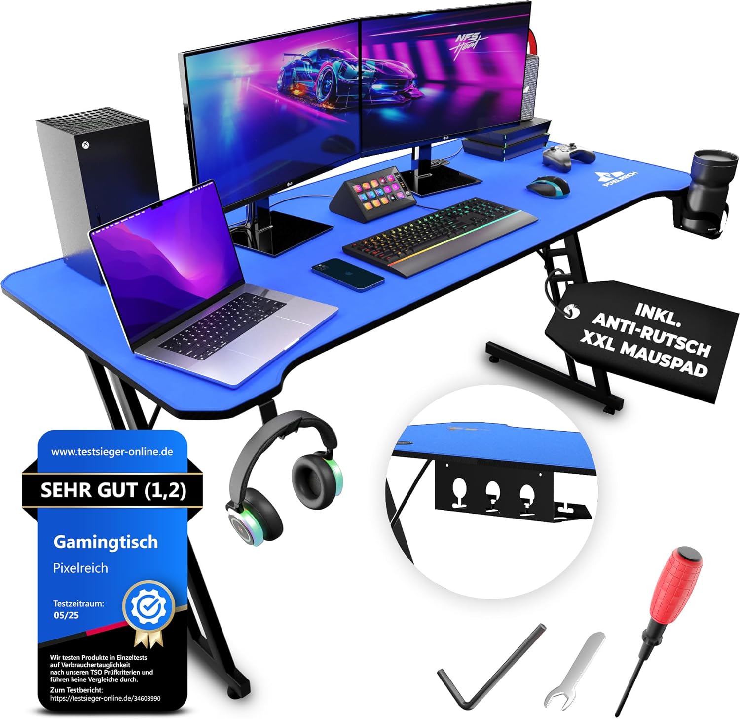 Pixelreich Gaming Tisch blau mit XXL Mauspad Oberfläche und Kabelmanagement