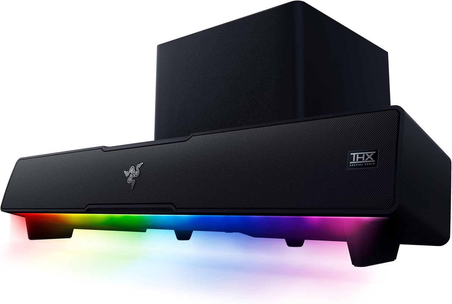 Razer Leviathan V2 Gaming Soundbar mit Subwoofer und RGB Beleuchtung auf Gaming Tisch Setup