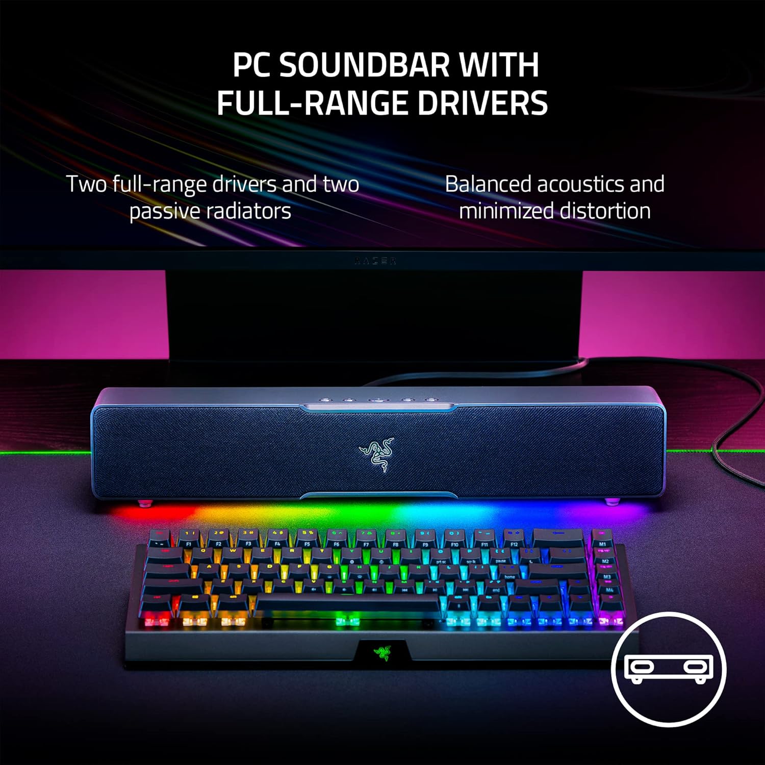 Razer Leviathan V2 X kompakte Gaming Soundbar mit RGB Beleuchtung auf Gaming Setup