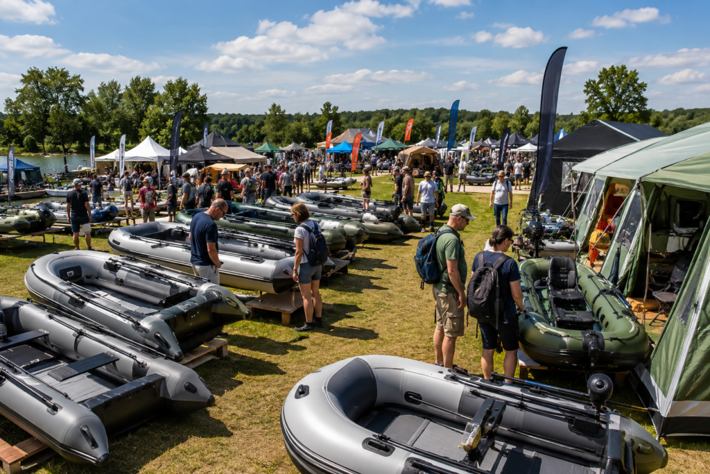 Verschiedene Schlauchboote auf einer großen Camping und Outdoor Ausstellung am See