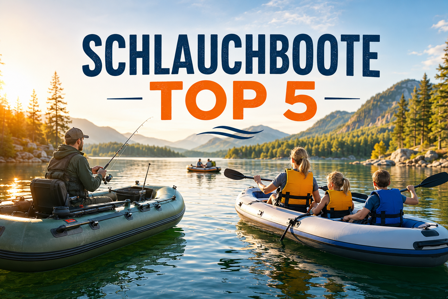 Angler und Familie mit Schlauchbooten auf einem ruhigen See beim Outdoor Abenteuer