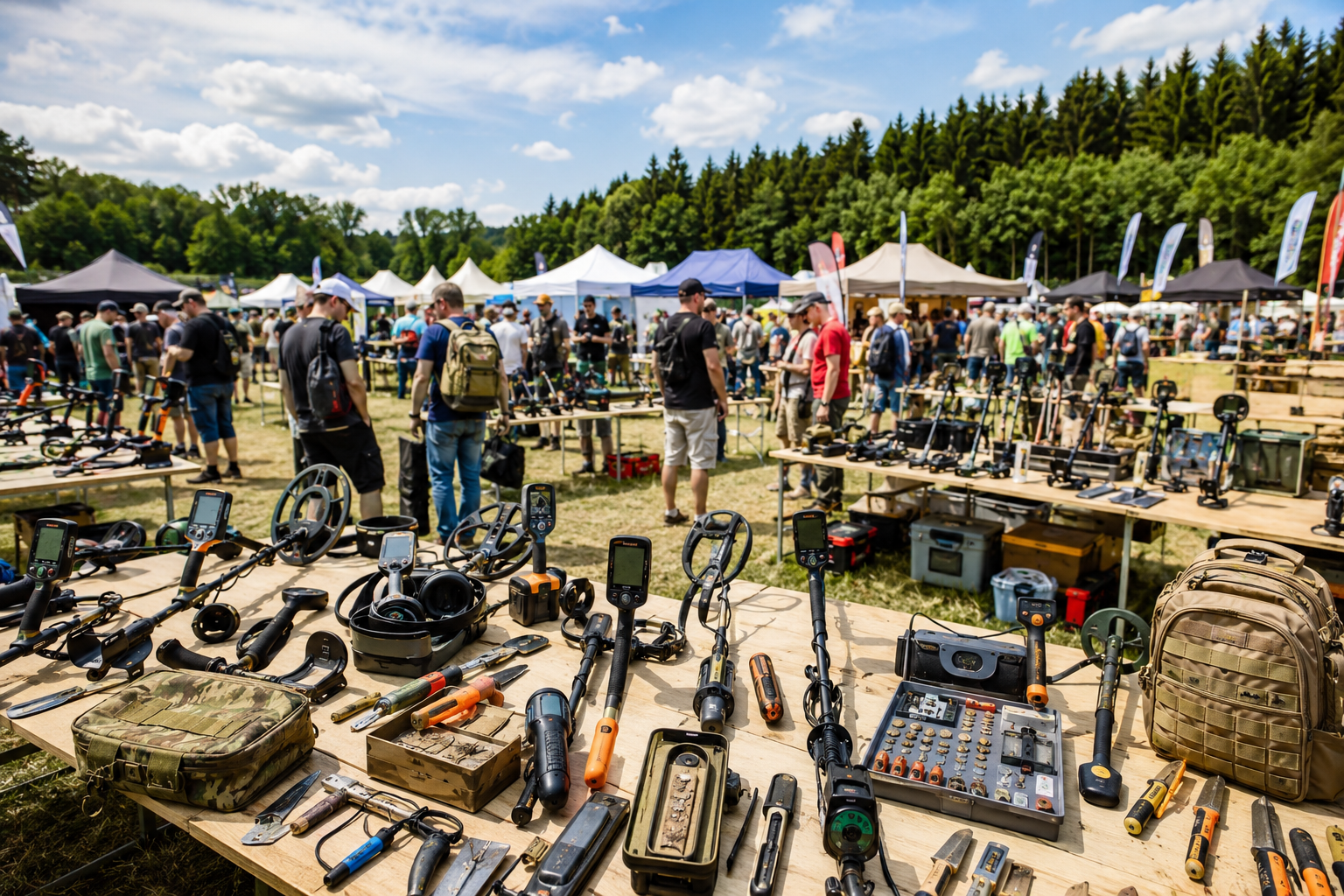 Sondel & Schatzsucher Setups auf einer großen Outdoor Messe mit Besuchern und Ausrüstung im Freien