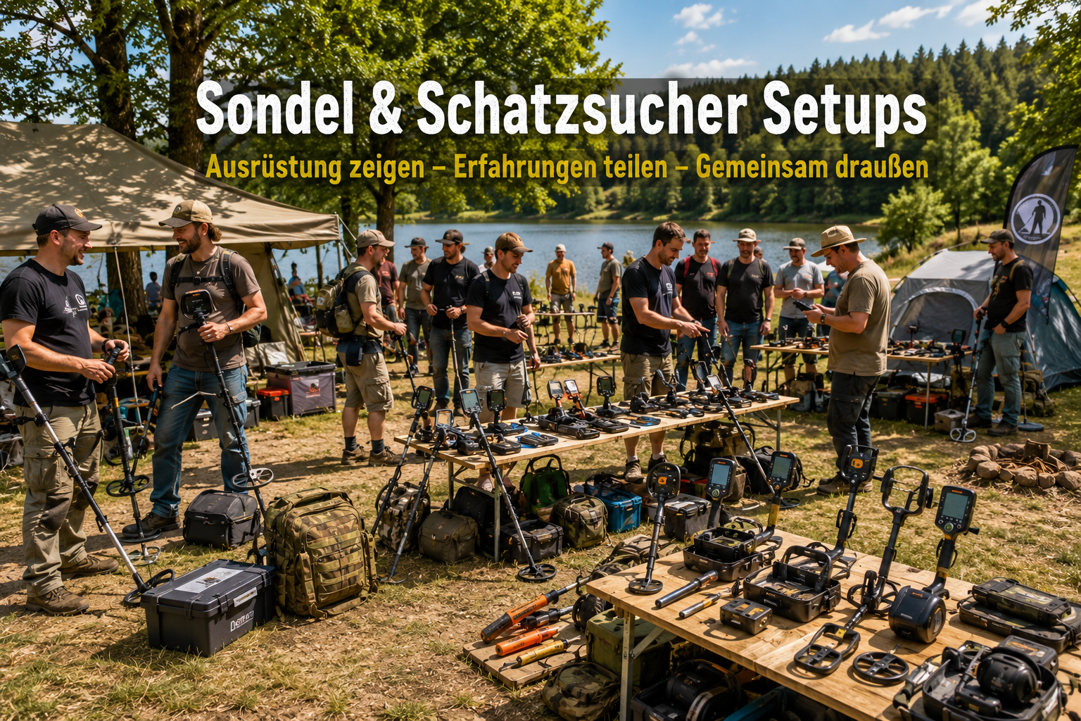 Schatzsucher präsentieren ihre Sondel Ausrüstung und Outdoor Setups auf einem Campingplatz