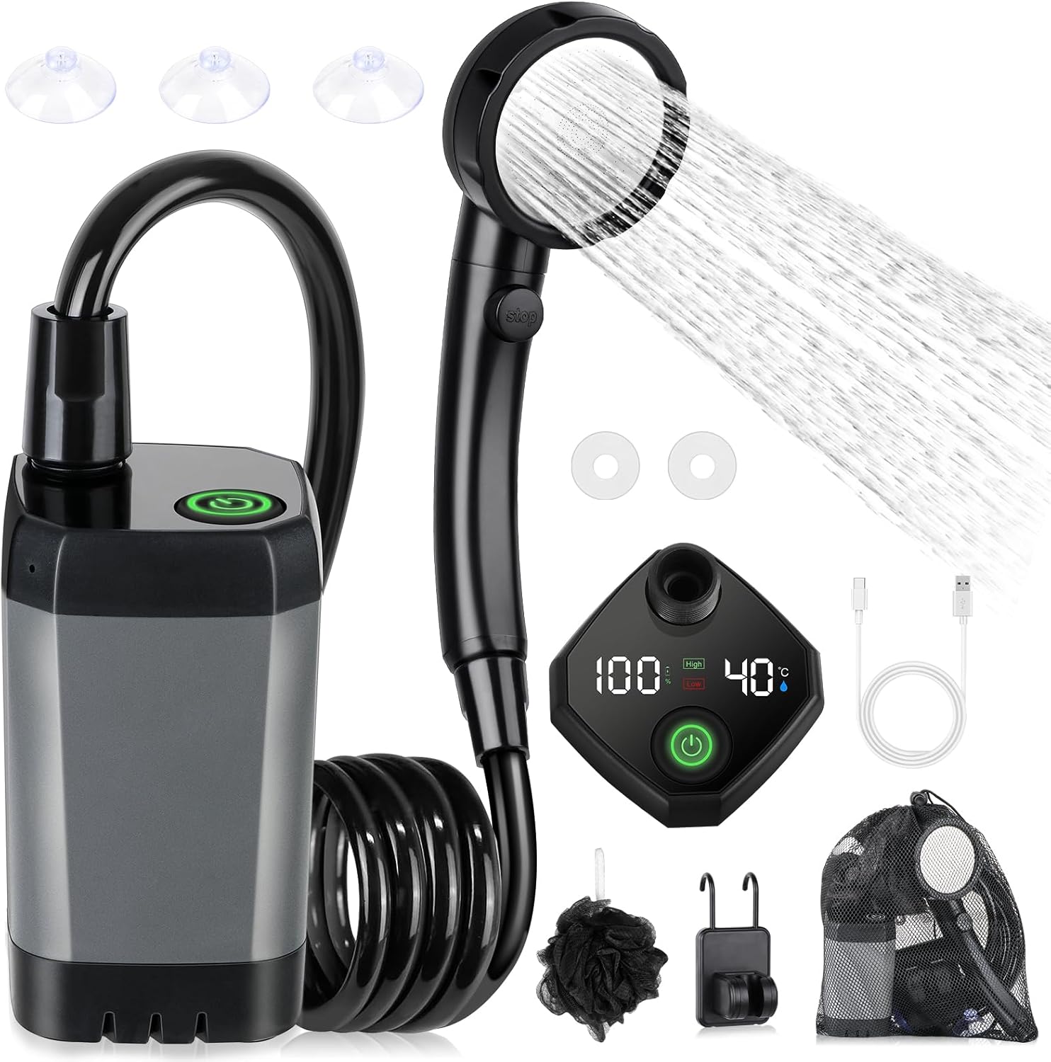 Spopal Campingdusche mit 6000mAh Akku und Temperaturanzeige für Camping und Outdoor Reisen