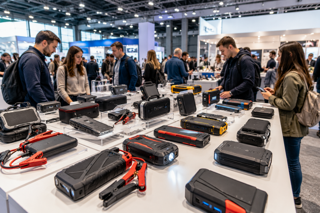 Verschiedene Starthilfe Powerbanks auf einer großen Technik Messe Ausstellung