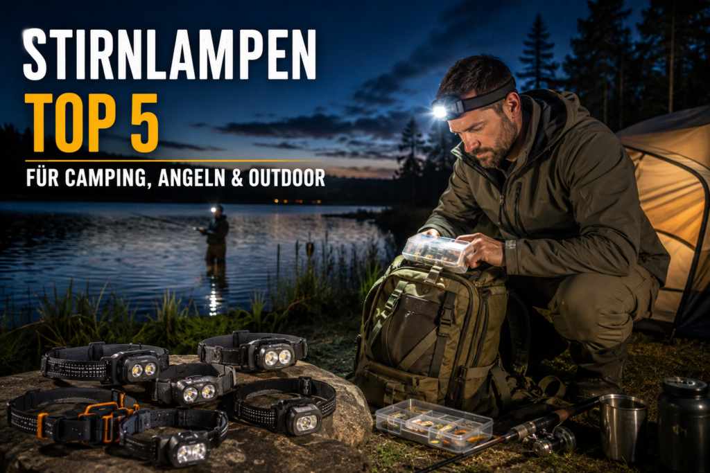 Camper mit Stirnlampe beim Nachtangeln am See mit Outdoor Ausrüstung