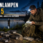 Camper mit Stirnlampe beim Nachtangeln am See mit Outdoor Ausrüstung