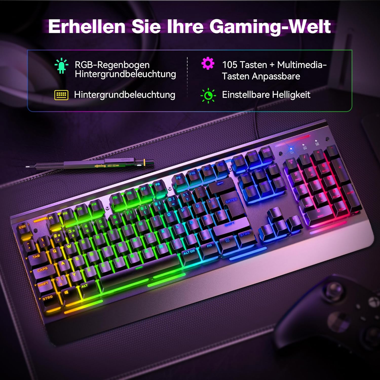 TECKNET RGB Gaming Tastatur mit 15 Zonen Beleuchtung und Handgelenkauflage auf Gaming Schreibtisch