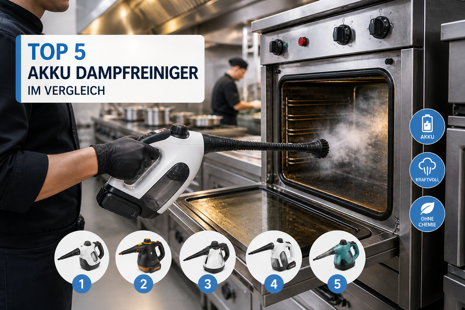 Akku Dampfreiniger reinigt Backofen in Gastronomie Küche mit Dampf während Top 5 Vergleich im Bild angezeigt wird