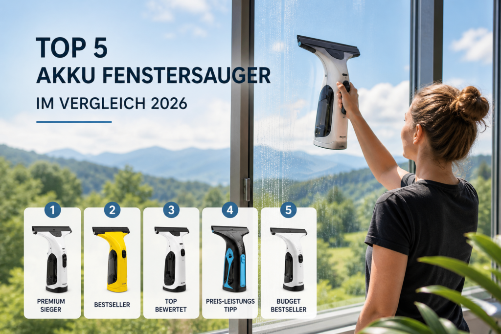 Top 5 Akku Fenstersauger 2026 im Vergleich während Fensterreinigung mit Blick in die Natur