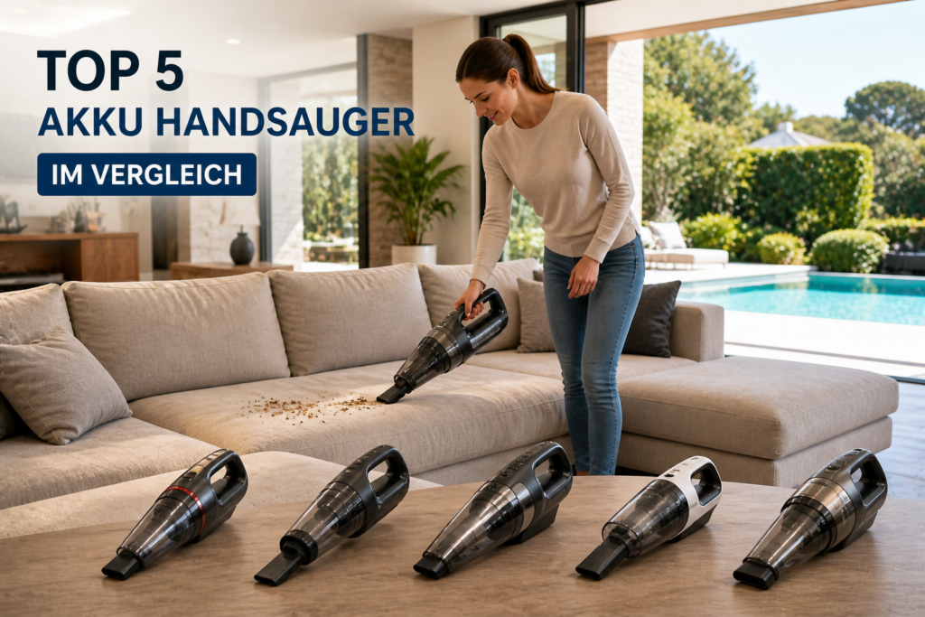 Frau saugt großes Sofa mit Akku Handsauger in moderner Villa mit Garten und Pool im Hintergrund