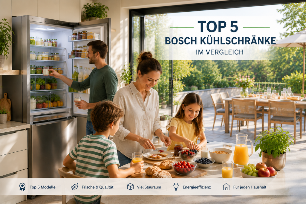 Familie bereitet Frühstück in heller Küche vor und nutzt einen Bosch Kühlschrank mit Blick auf die Sonnenterrasse