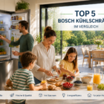 Familie bereitet Frühstück in heller Küche vor und nutzt einen Bosch Kühlschrank mit Blick auf die Sonnenterrasse