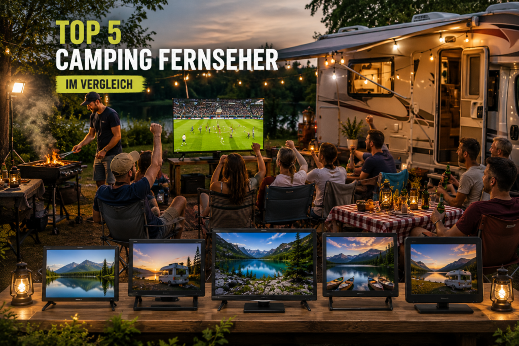 Top 5 Camping Fernseher im Vergleich auf einem Campingplatz mit Wohnmobil und Fußballabend