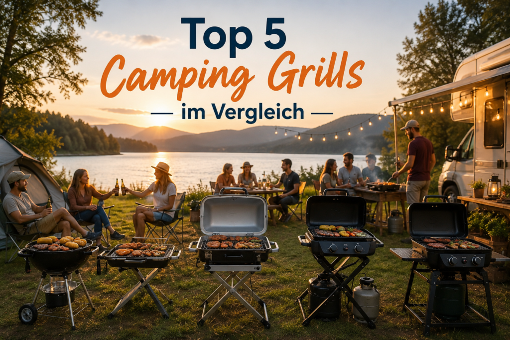 Top 5 Camping Grills im Vergleich auf einem Campingplatz am See mit Campern und laufenden Grills