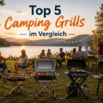 Top 5 Camping Grills im Vergleich auf einem Campingplatz am See mit Campern und laufenden Grills