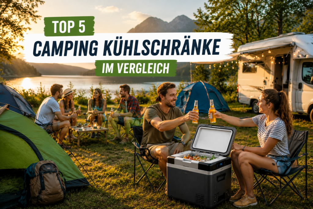 Top 5 Camping Kühlschränke im Vergleich auf einem Campingplatz mit Campern und Zelten