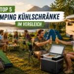 Top 5 Camping Kühlschränke im Vergleich auf einem Campingplatz mit Campern und Zelten