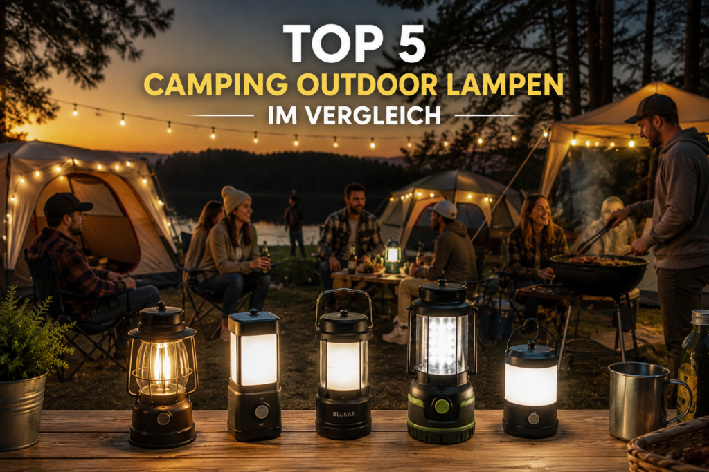 Top 5 Camping Outdoor Lampen auf einem Campingplatz mit Zelten und Grillabend
