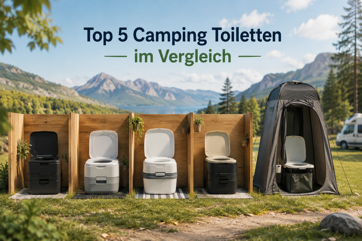 Camping Toiletten in Toilettenzelten und hinter Sichtschutzwänden auf einem Campingplatz