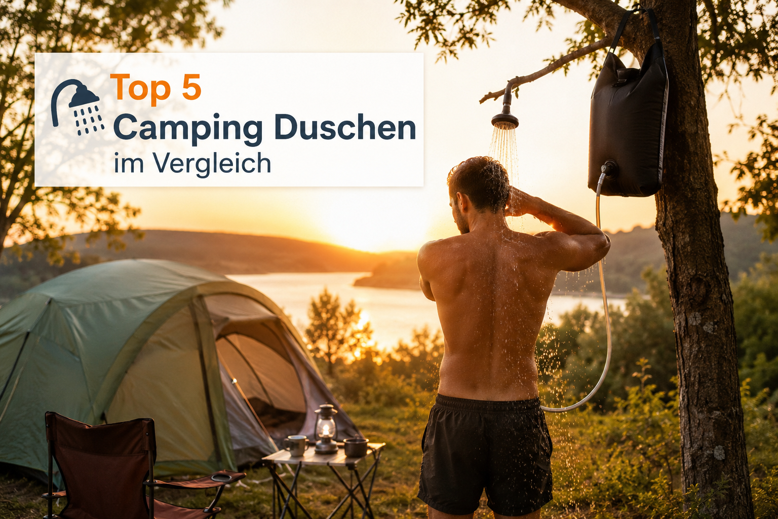 Camper duschen unter einer Campingdusche auf einem Zeltplatz bei Sonnenuntergang