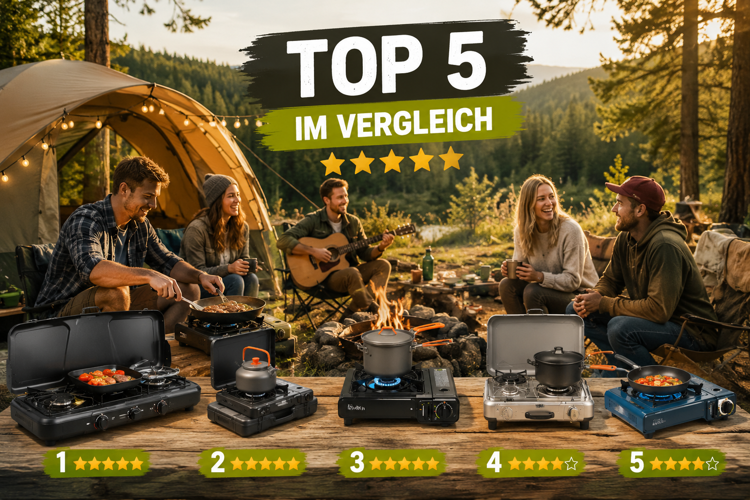Top 5 Campingkocher im Vergleich mit Campern am Lagerfeuer im Wald beim Camping
