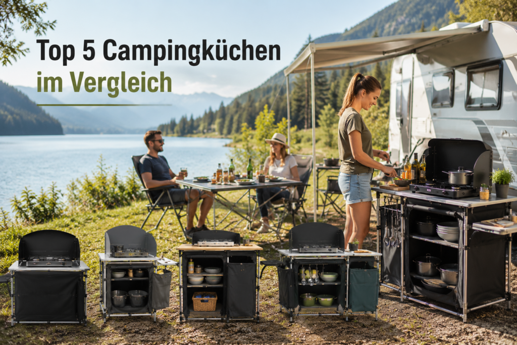 Camper kochen gemeinsam an modernen Campingküchen während andere entspannt am Campingtisch sitzen