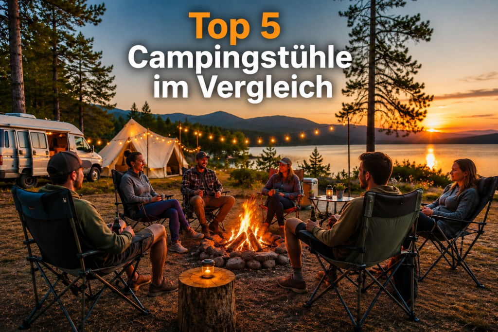 Camper sitzen abends gemütlich am Lagerfeuer in Campingstühlen am See