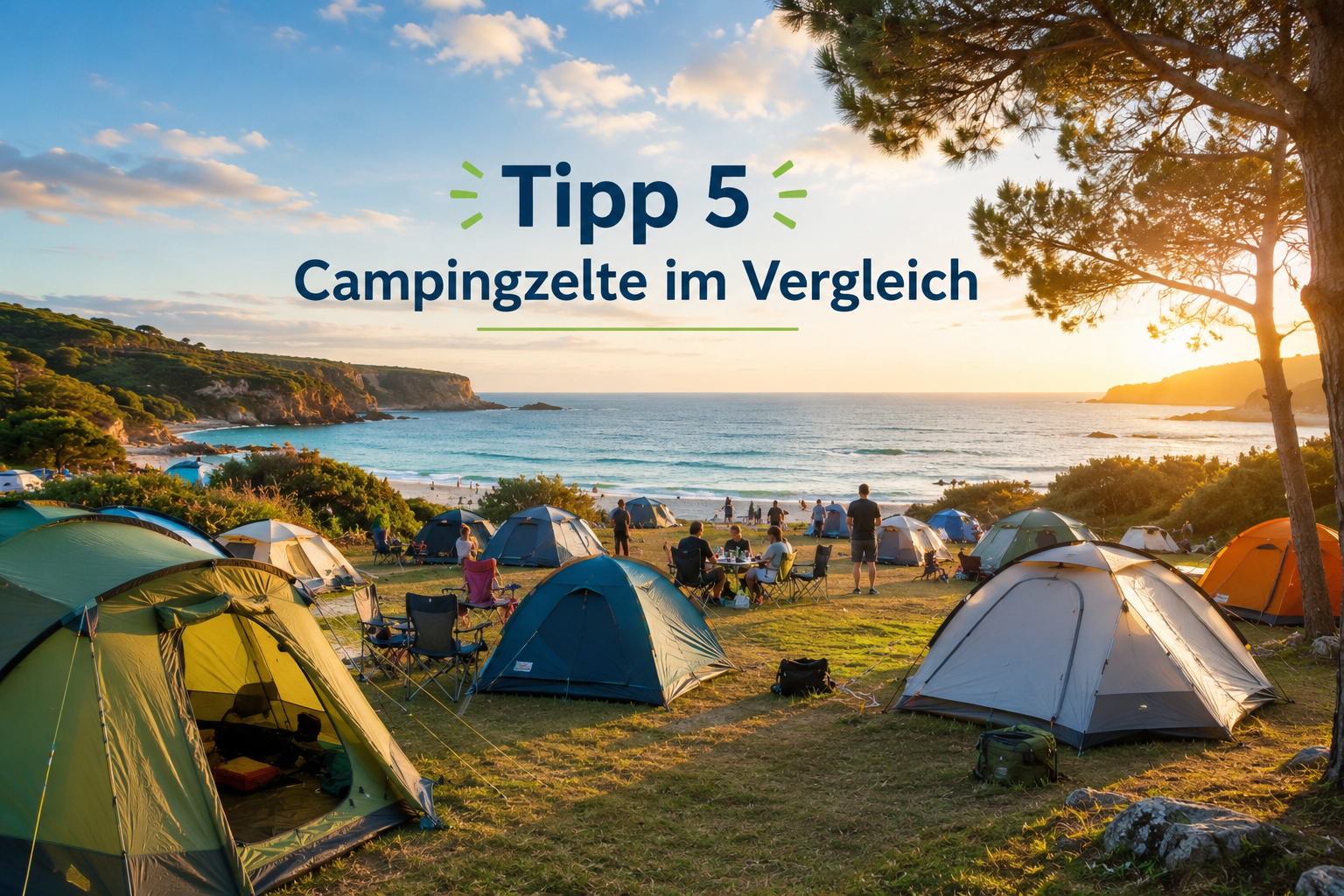 Campingzelte auf einem Campingplatz am Strand mit Meerblick und Campern im Hintergrund