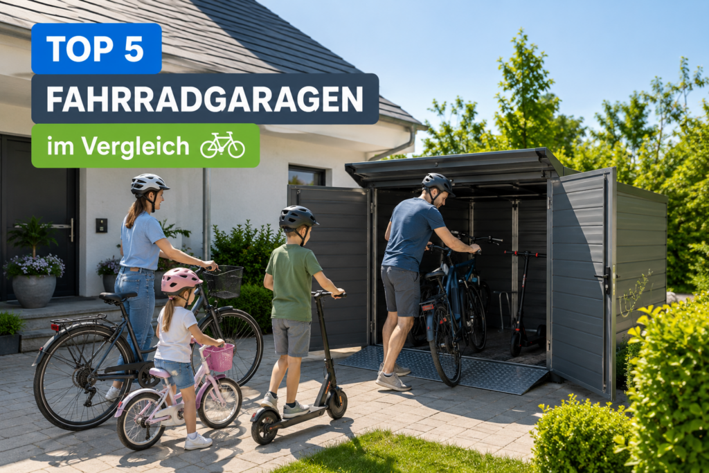 Familie parkt Fahrräder und E-Scooter in einer modernen Fahrradgarage vor dem Haus