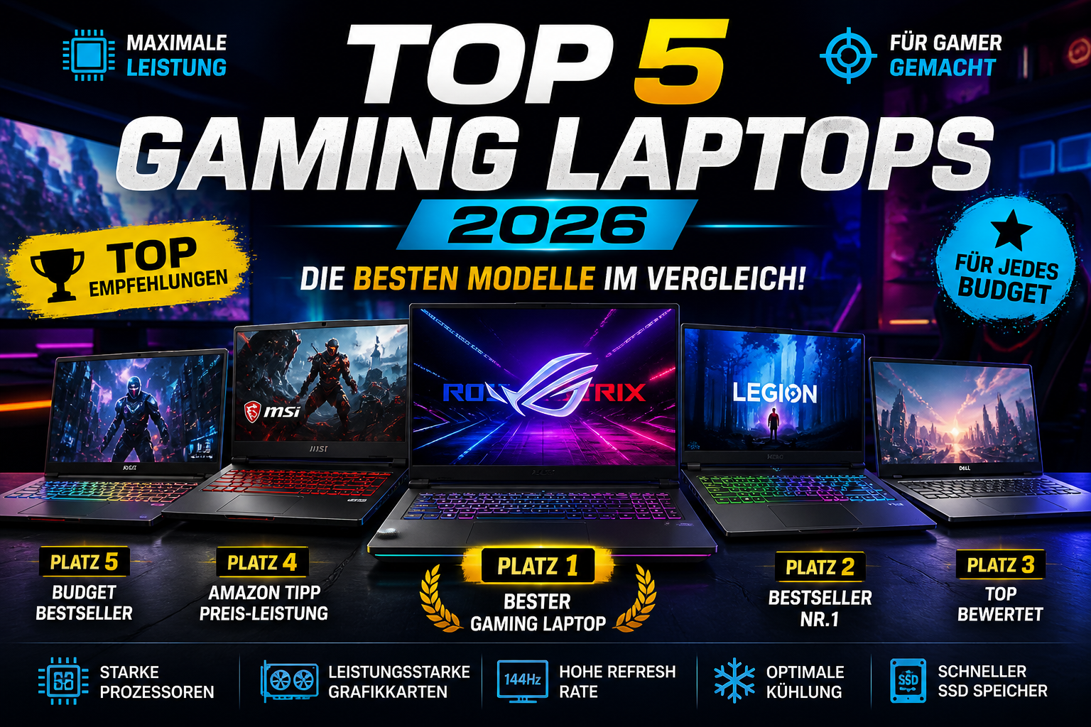 Top 5 Gaming Laptops 2026 im Vergleich mit leistungsstarken Gaming Notebooks und RGB Beleuchtung