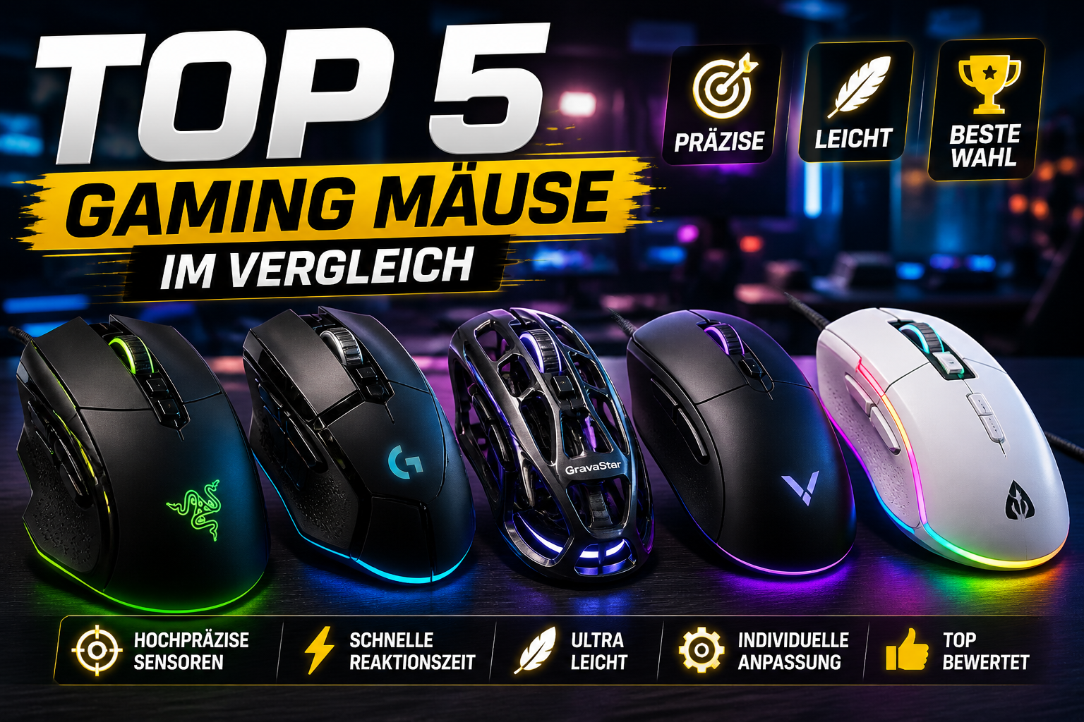 Top 5 Gaming Mäuse 2026 im Vergleich mit RGB Beleuchtung und modernen Gaming Mäusen auf Schreibtisch