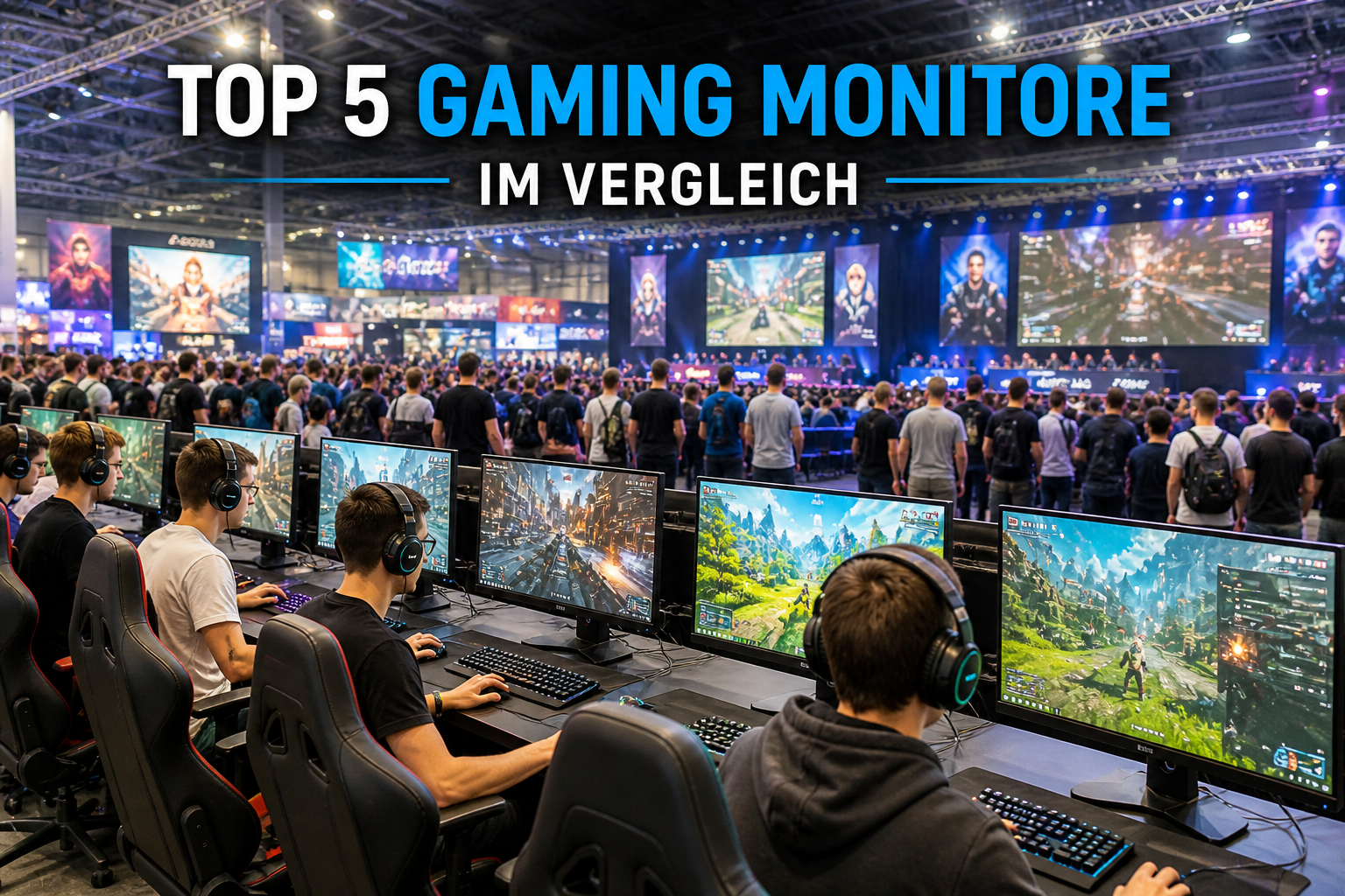 Top 5 Gaming Monitore im Vergleich bei einem großen Gaming Turnier mit vielen Spielern