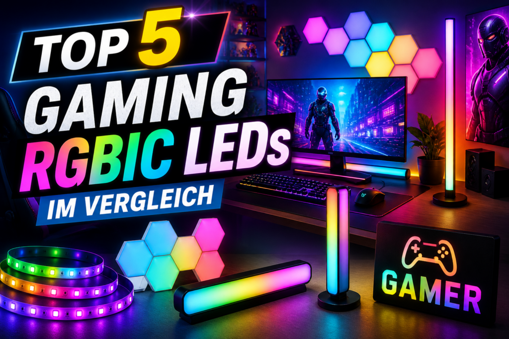 Top 5 Gaming RGBIC LEDs 2026 im Vergleich mit buntem Gaming Setup und LED Beleuchtung